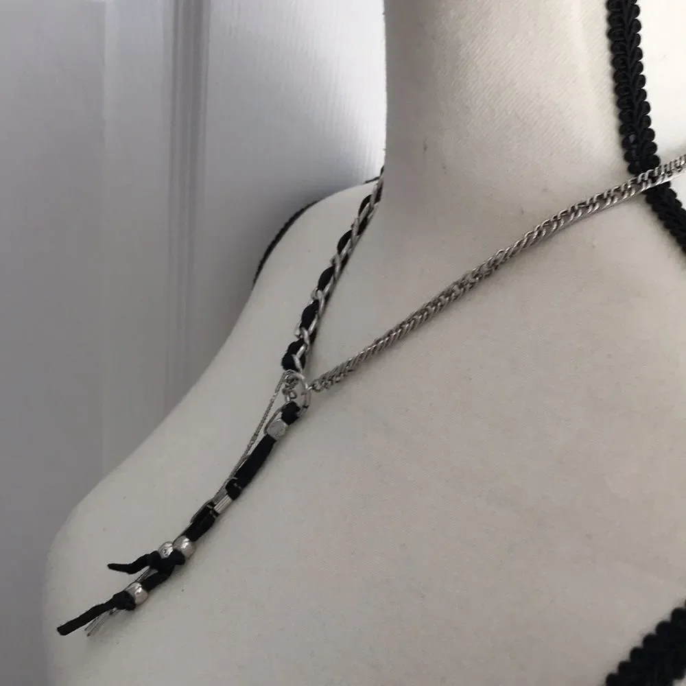 Free People Silver Tone and Black Leather Striped Necklace